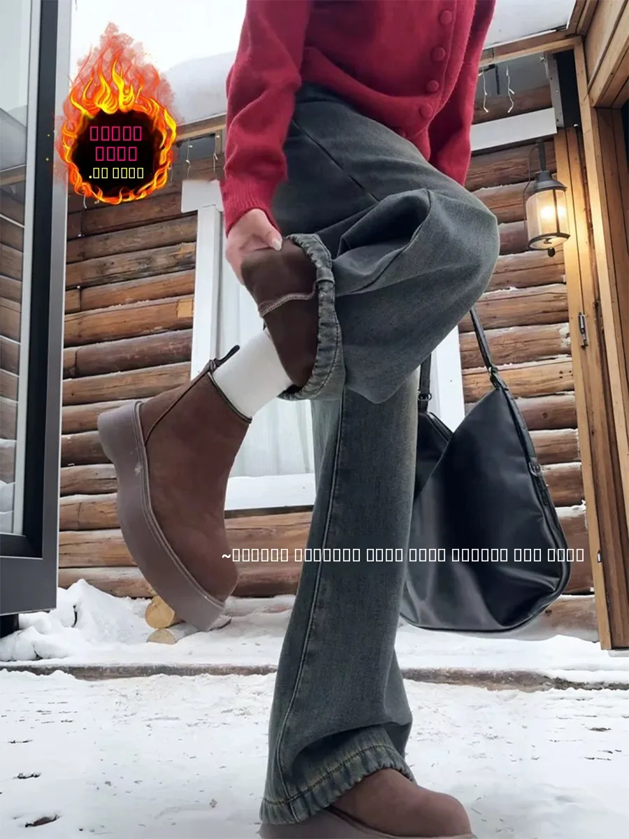 

Джинсы из денима с начесом больших размеров, с высокой талией, широкими штанинами, женские зимние свободные прямые брюки