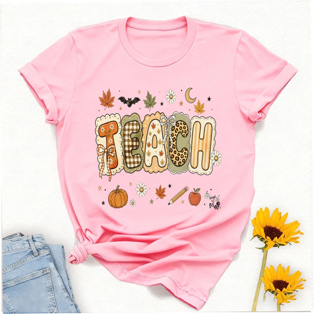 Teach Fall Teacher Graphic T Shirt Leopard Plaid Letter Pumpkin Apple Maple Leaf Daisy Bat Moon Print School Casual Teacher Tees