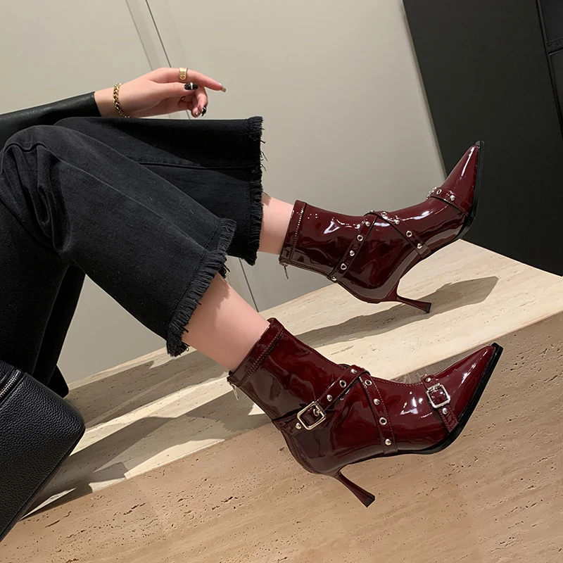 

Women Pointed Toe Belt Buckle Stiletto Heel Slim Fit Punk Biker Ankle Boots