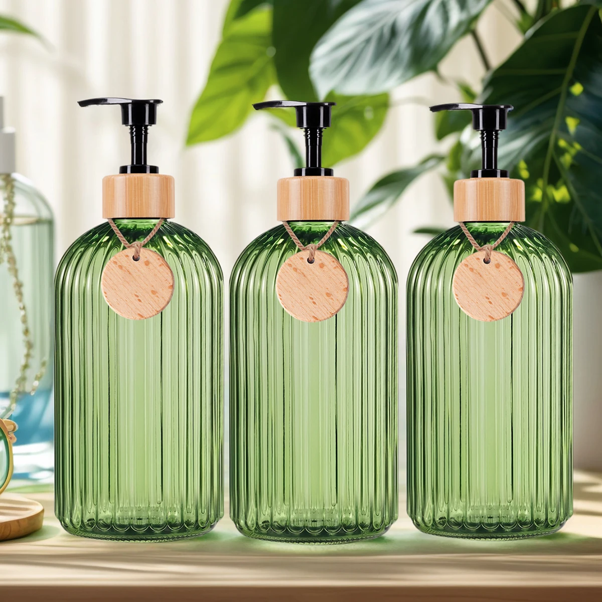 Green Bathroom Shower Soap Bottles with Empty Tag Refillable Shampoo Conditioner Bodywash Container Bottle Home Apartment Decor