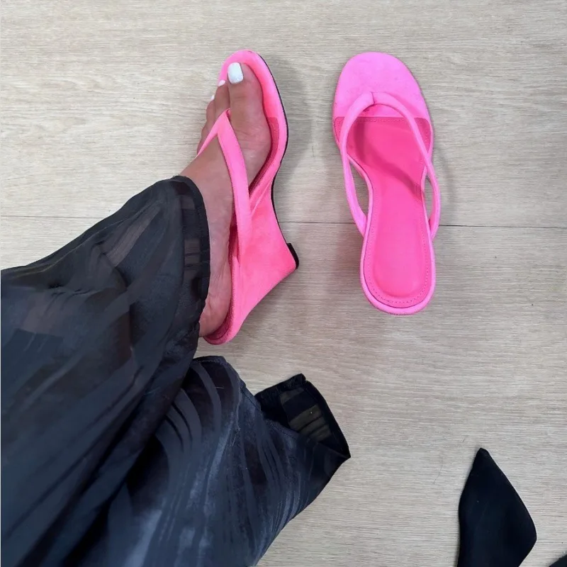 Women Klein Blue Wedge Heel Thong Mules Sandals Square Open Toe Slip On Flip Flops Summer Party Evening Dress High Heel Slippers