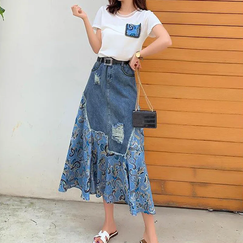 ฤดูร้อนสูงเอวกระโปรงยาวผู้หญิงVINTAGEไม่สม่ําเสมอPatchwork DENIMกระโปรงหญิงStreetwear A-Line Midiกระโปรง