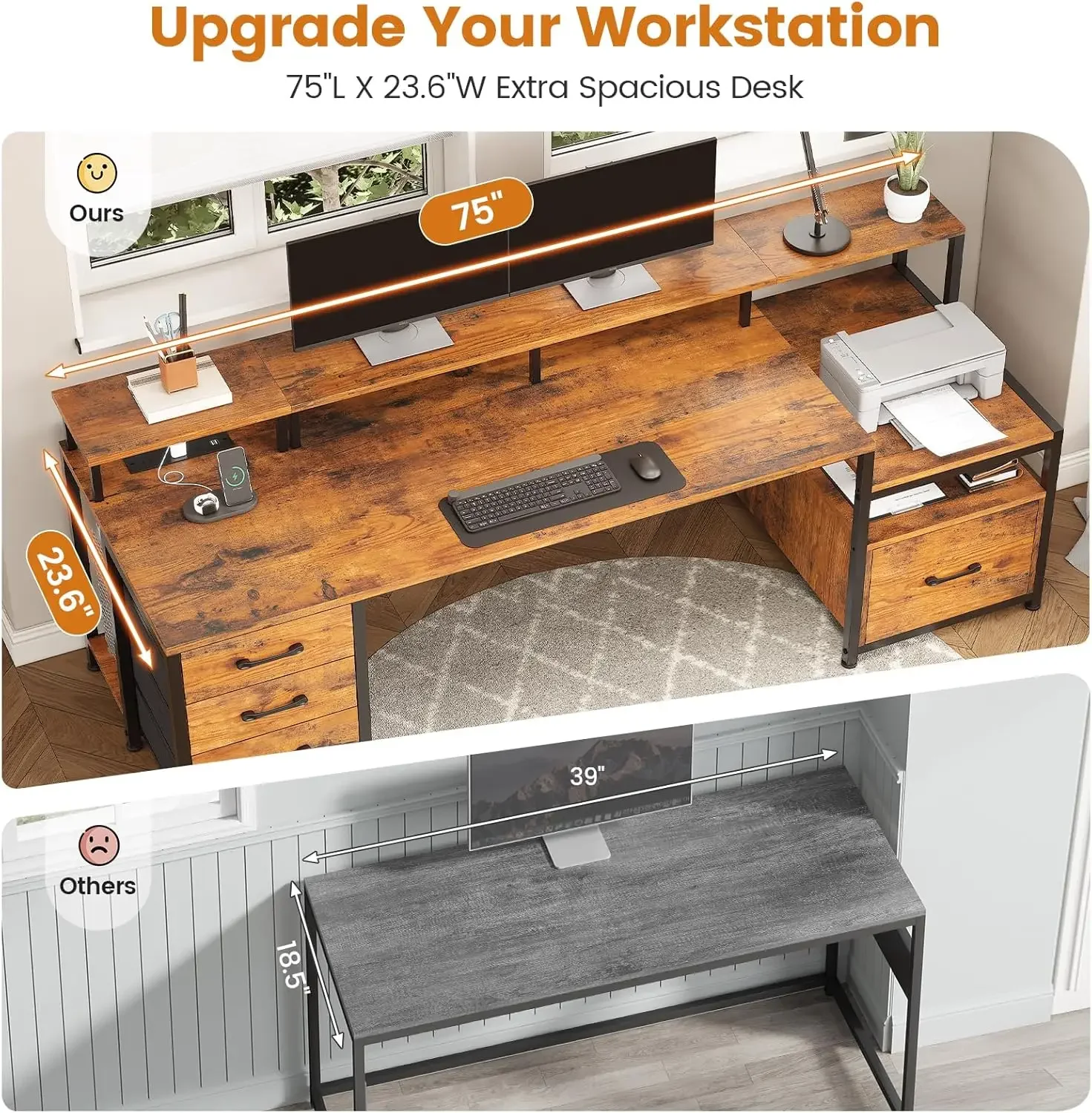 Home Office Desk with File Drawer & Power Outlet,  Storage Shelves, Monitor Shelf and Led Lights, 23.6" W Desktop Gaming