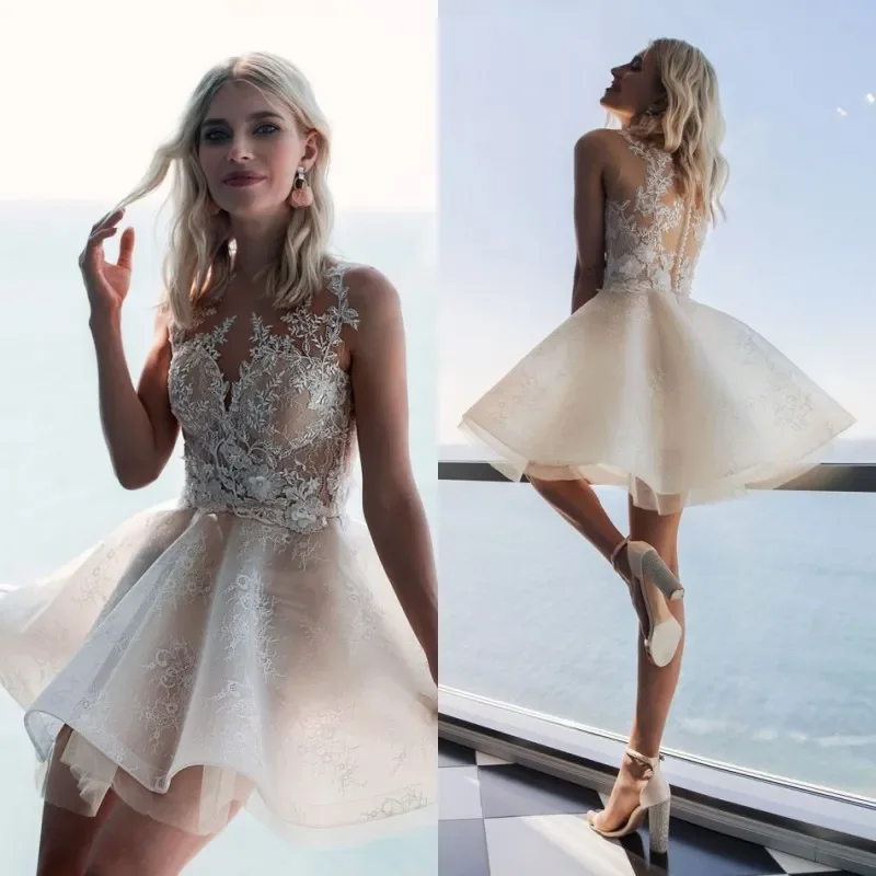 A Line Beach Wedding Dresses Jewel Neck Sleeveless Hand Made Flowers Appliques Tulle Wedding Dresses Short Boho Bridal Gowns