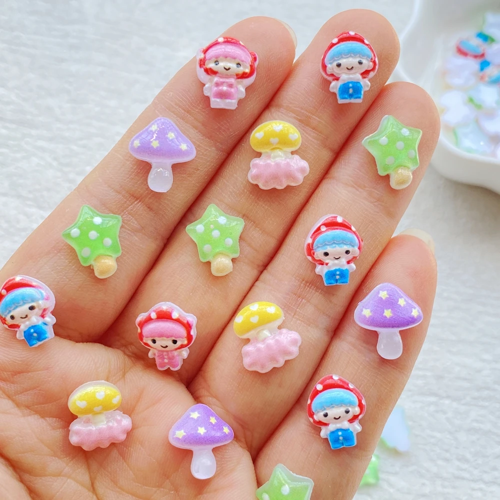 50Pcs Mixed Cute Mushroom Elf Resin Nail Charms Colorful Star Mushroom Mini Figurines DIY 3D Nail Art Decorations for Manicure