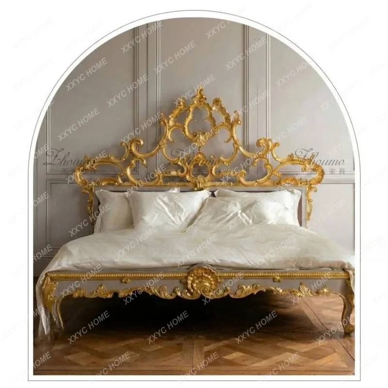 XX  light luxury solid wood bed antique hollow carved head master bedroom wedding bed retro simple bed