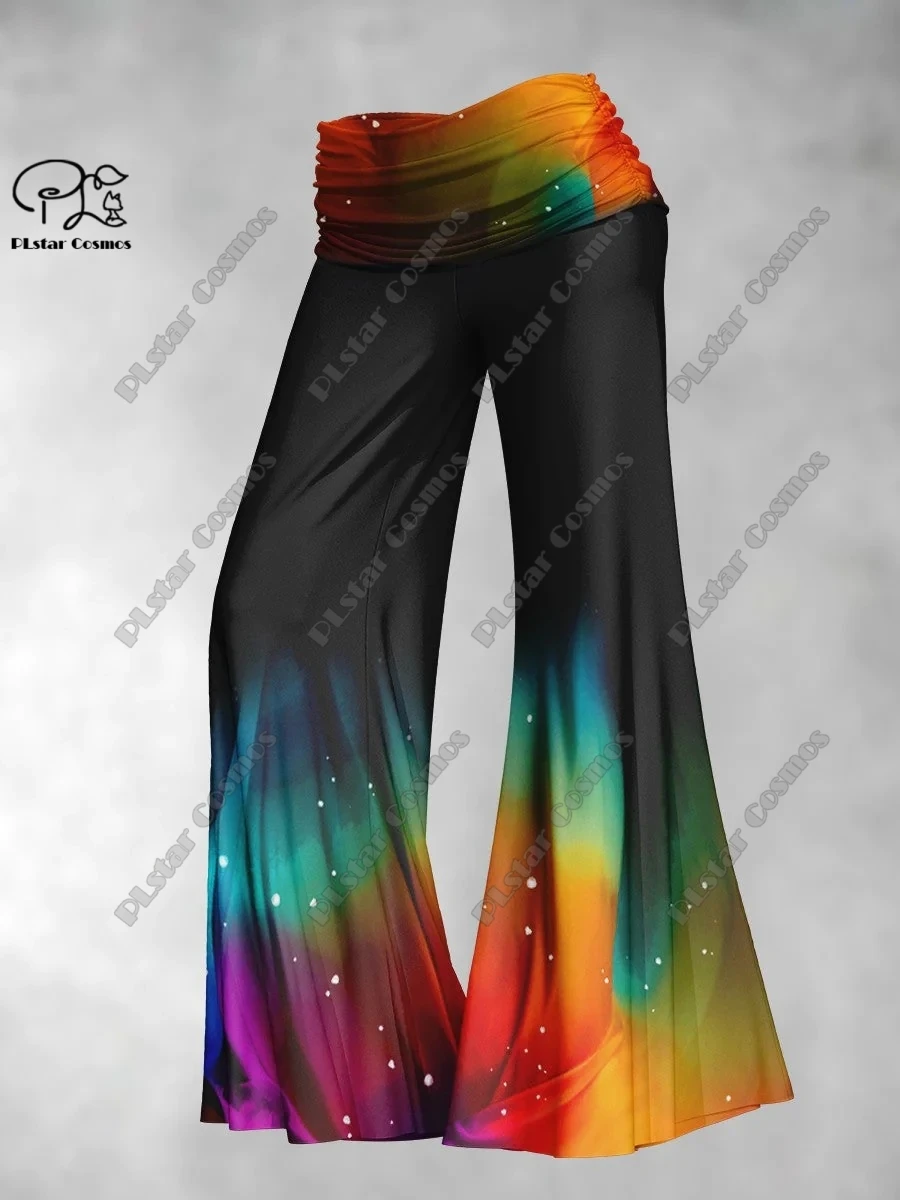 PLstar CosmosD printed women's gradient art Rainbo printed wide-leg pants belt folded elastic waist pants daily casual pants