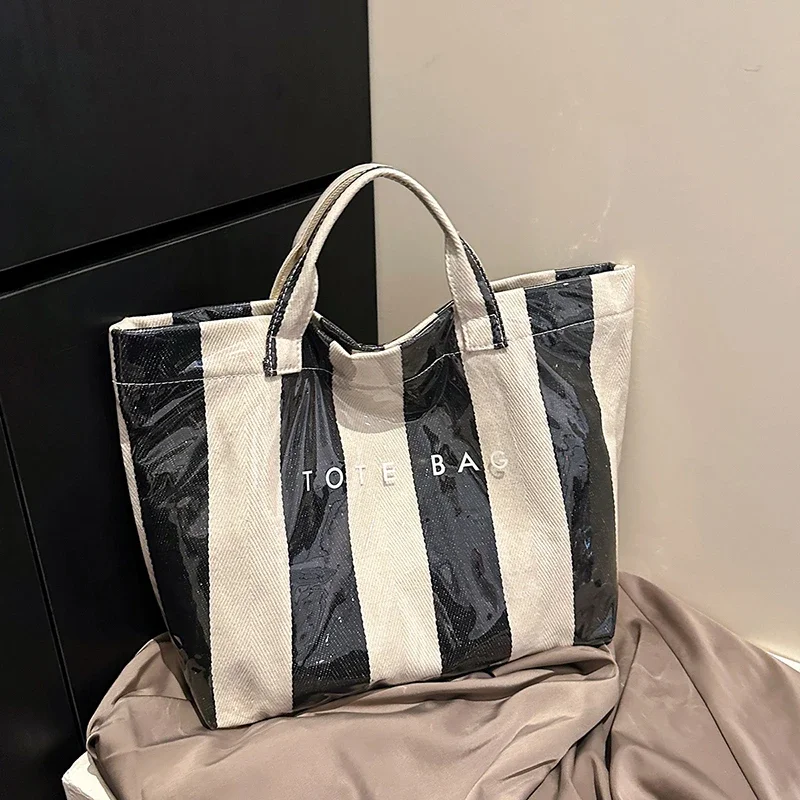 

Fashion PVC Reusable Shopping Bag Casual Waterproof Women's Bag Designer Striped Handbag Large Capacity Tote Travel Bag Big