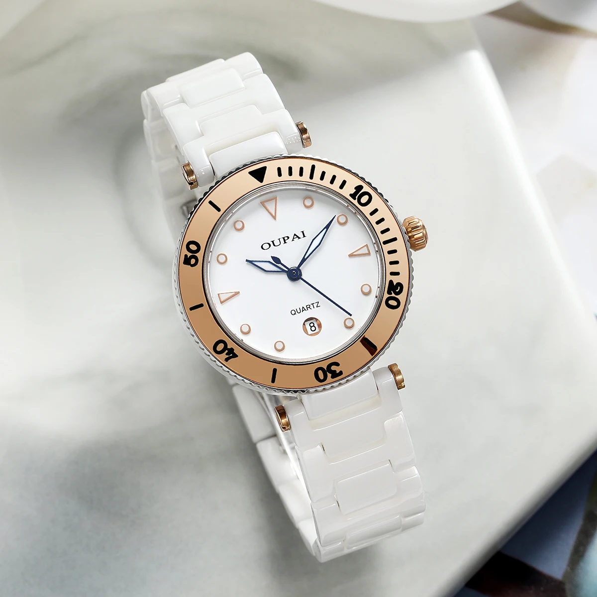 OUPAI White Ceramic Women's Watch Round Dial Luminous Small and Exquisite Waterproof Calendar Fashion and Casual