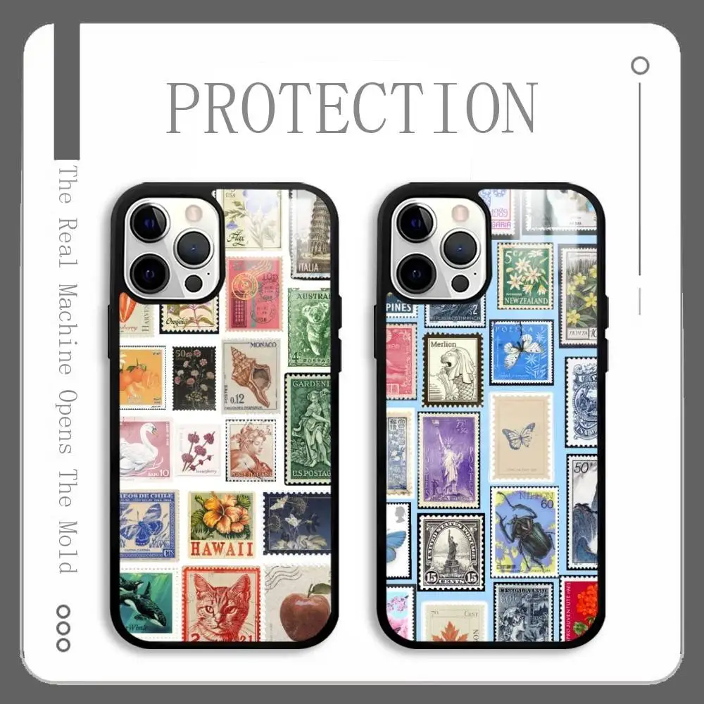 

World Rare Stamps Retro Phone Case For IPhone 16 15 14 13 12 11 Pro Max Plus Mini Plus Hard Mirror Surface Protect Funda