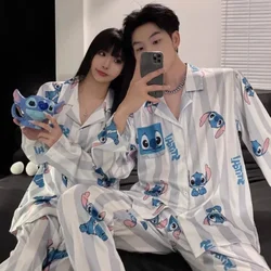 Cartoon Disney Stitch couple pajamas autumn new lapel long-sleeved trousers women's pajamas casual men's loungewear set