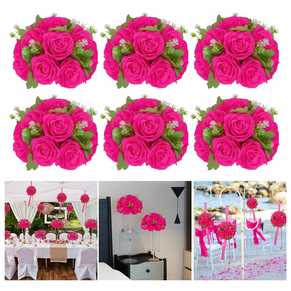 2/6pcs Artificial Rose Flowers Ball Arrangement Bouquet Suitable Wedding Centerpiece Flower Parties Valentine's Day Home Décor