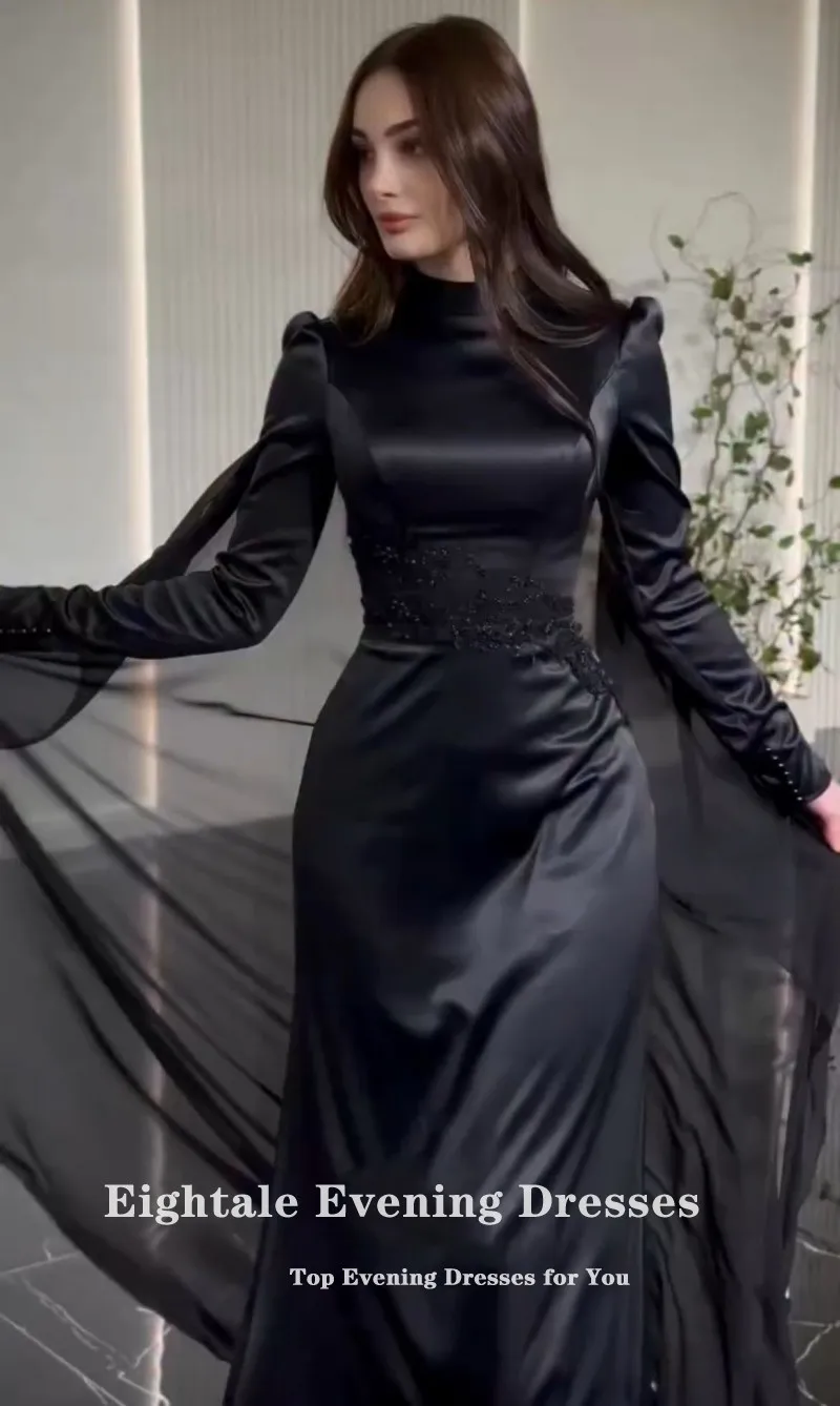 Eightale Arabic Wedding Dress Customized Black Appliques Bridal Gown Long Sleeves Muslim Mermaid Floor Length Bride Party Dress