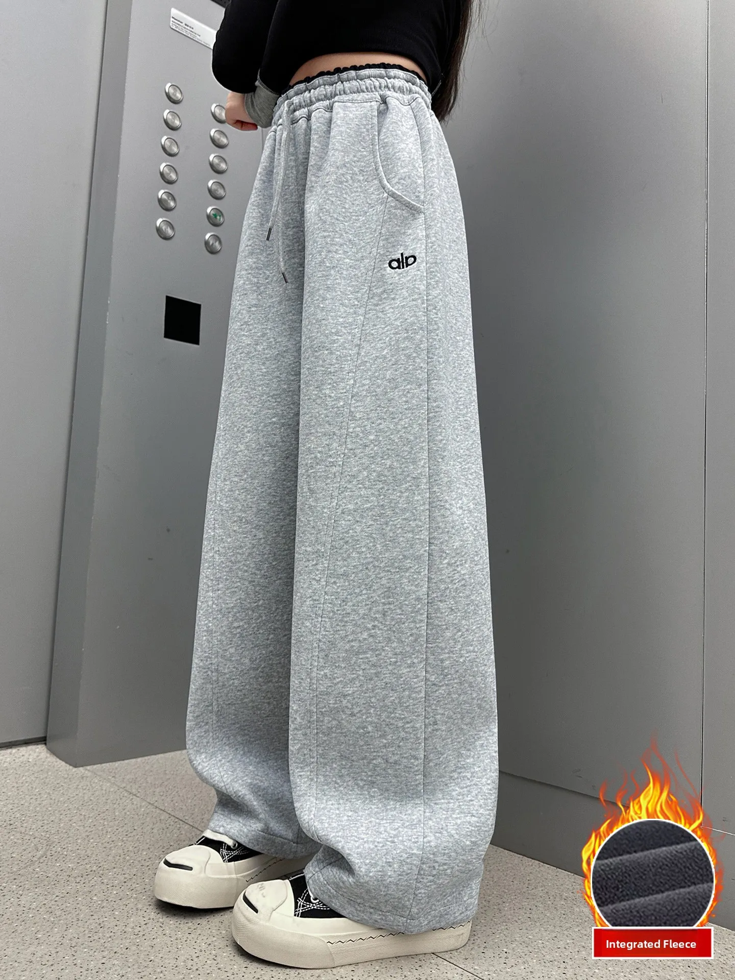 

Thickened Fleece Wide Leg Pants for Girls Autumn Winter Sporty Middle School Students Casual Pants High Waist Straight Tube