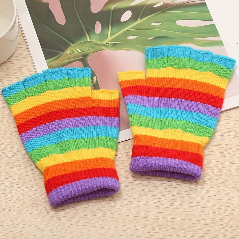 Rainbow Striped Knit Gloves, Thickened Warm Half-Finger Gloves, Autumn and Winter Cold-Proof Gloves for Men and Women