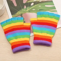 Rainbow Striped Knit Gloves, Thickened Warm Half-Finger Gloves, Autumn and Winter Cold-Proof Gloves for Men and Women