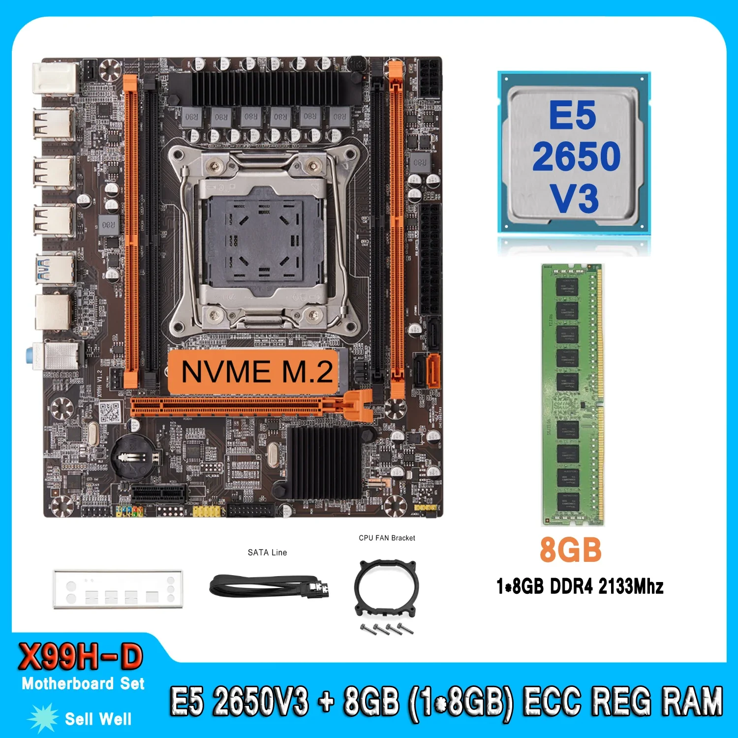 X99 Motherboard Set Kit With LGA2011-3 Xeon E5 2650 V3 CPU DDR4 8GB (1*8GB) 2133MHZ RAM Memory NVME M.2 SATA E5 2650V3 Set