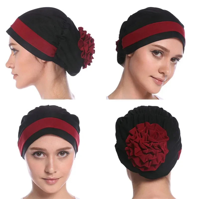 New Hot Pure Color Silk Pan Flower Hat Muslim Stretch Toe Cap Dubai Arab Women's Flower Hat Turban Beanie Fashion