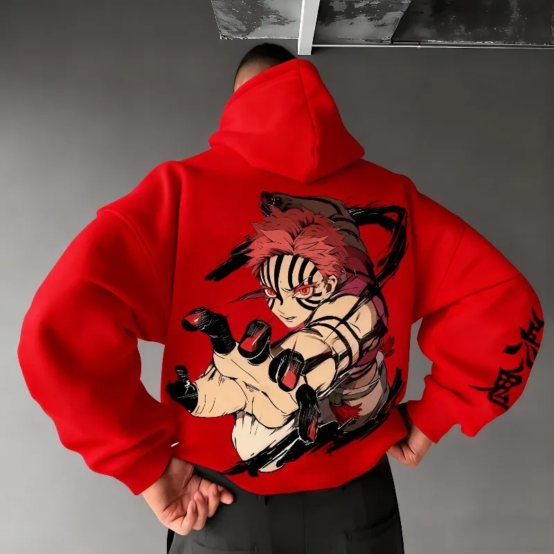 2025 Men's Autumn Winter Hoodies Japanese Anime Demon Slayer Akaza Graphics Clothing Oversize 100% Cotton Tops Y2k Streetwear