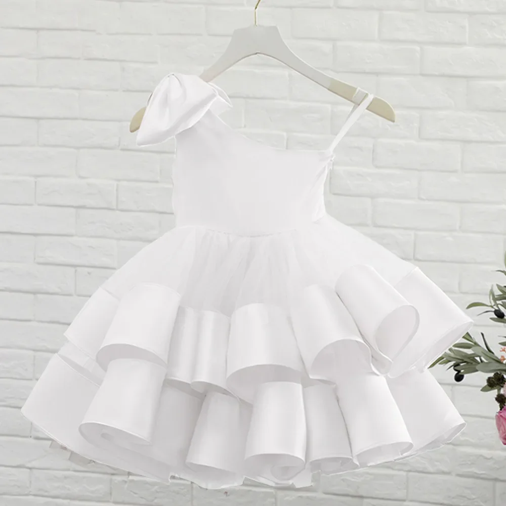 One Shoulder Baby Girls Party Dress Pink White Kids Princess Gown Tulle Ribbon Layer Children\'s Clothes Birthday Outwear 2-13Y