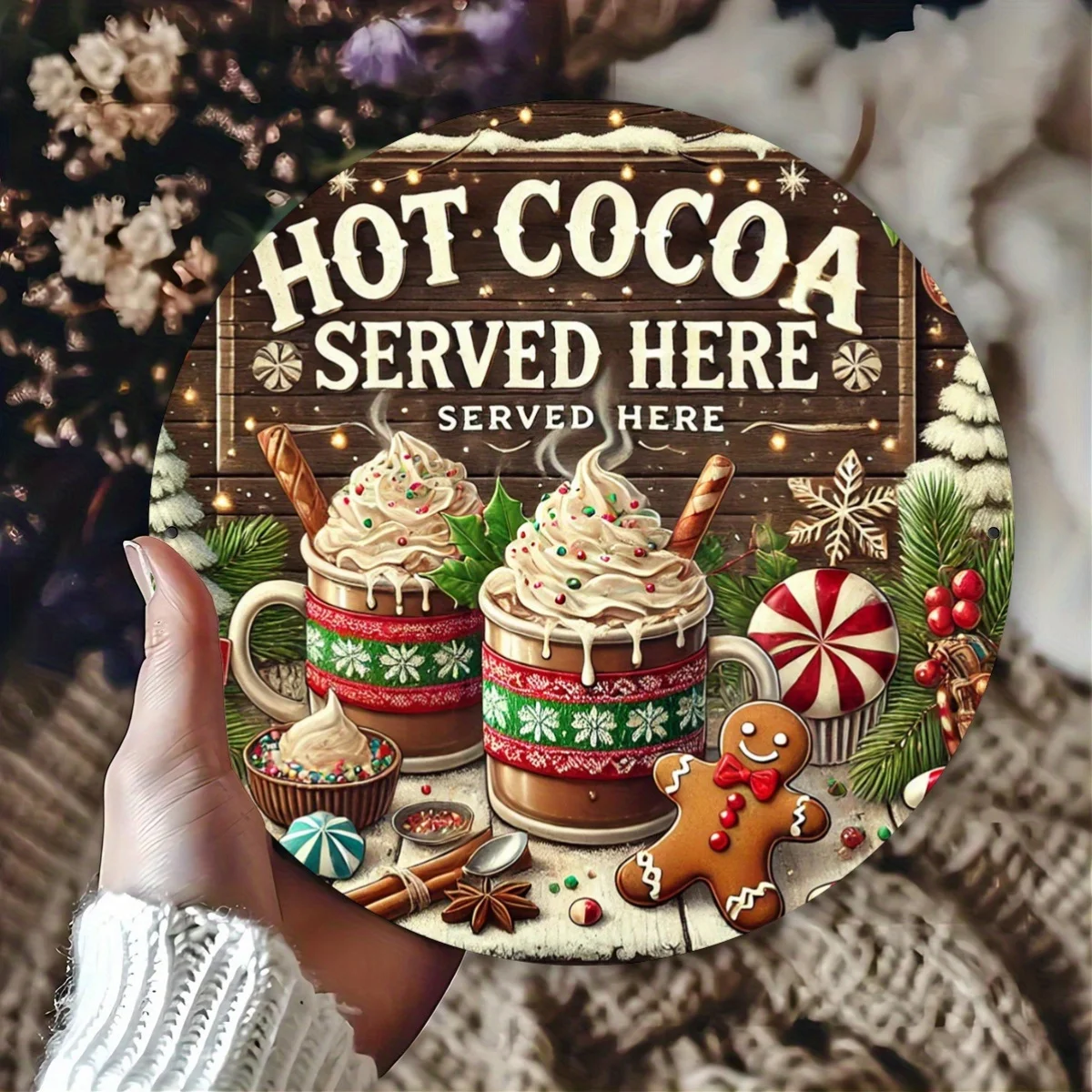 Here We Supply Hot Cocoa, Christmas Gingerbread Round Metal Tin Signs, 2D Flat Winter Holiday Wall Decoration Plaques