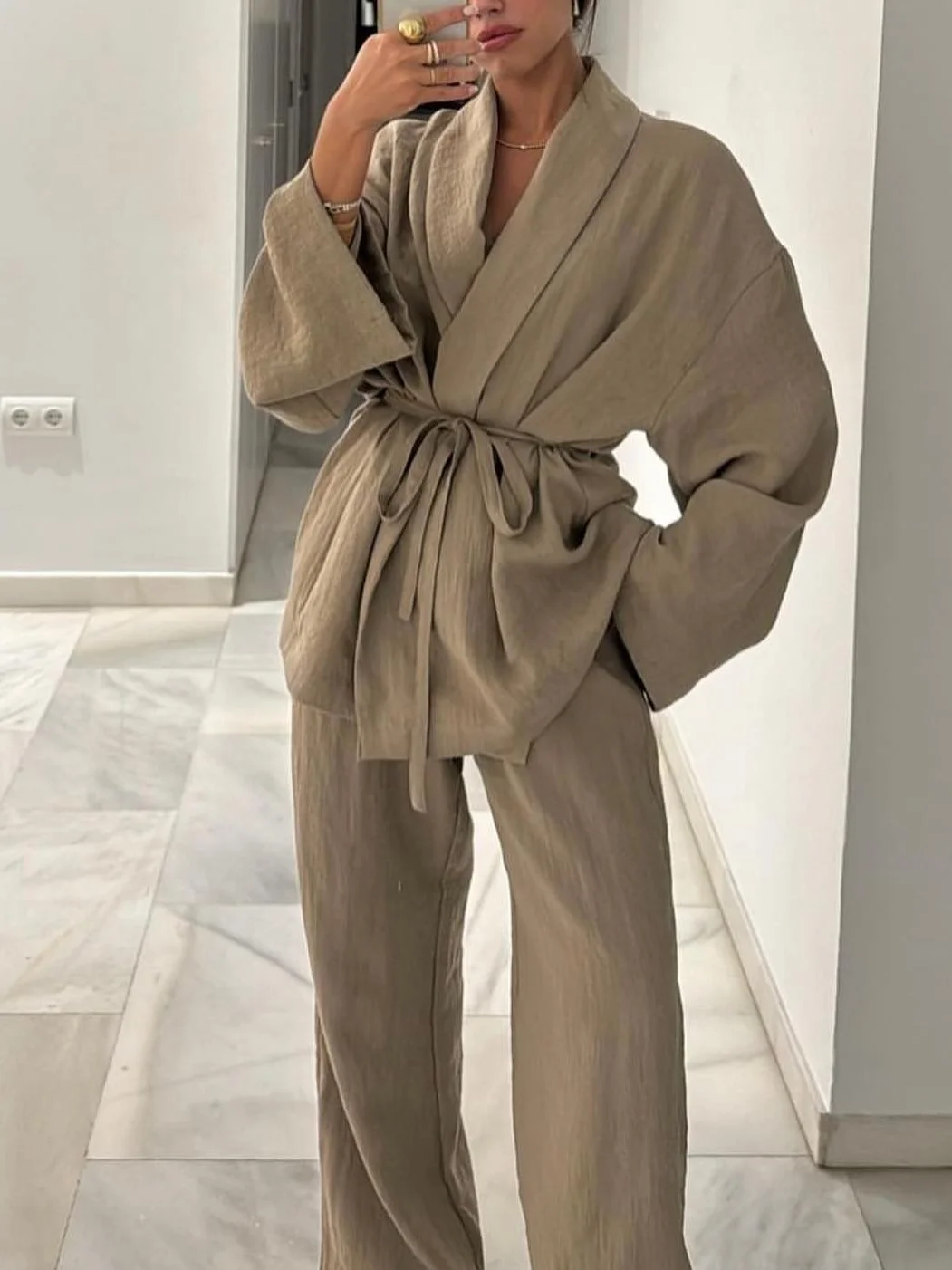 TRAF casual style kimono zewnętrzne sznurowane 2-częściowy zestaw klapa koszula z długim rękawem eleganckie luźne spodnie z szerokimi nogawkami