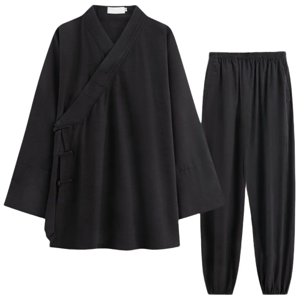 CLYFAN Classic Taoist Uniform Set Chinese Tang Style Frog Button Zen Meditation Clothing Loose Elastic Waist Wudang Kung Fu Suit