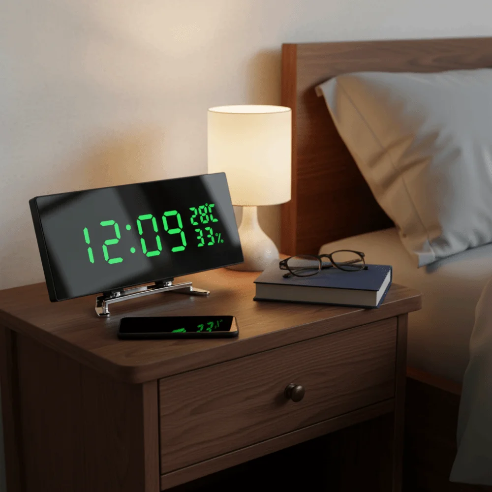 Curved Screen Digital Alarm Clock Large Temperature Humidity Desk Clock Large Screen Two Set Alarms LED Digital Clock