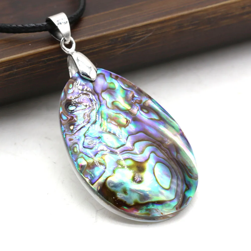 One-sided Natural Abalone Shell Drop Shape 28x40mm Pendant 50cm Men Leather String Shell Necklace for Women Charm Chakra Jewelry