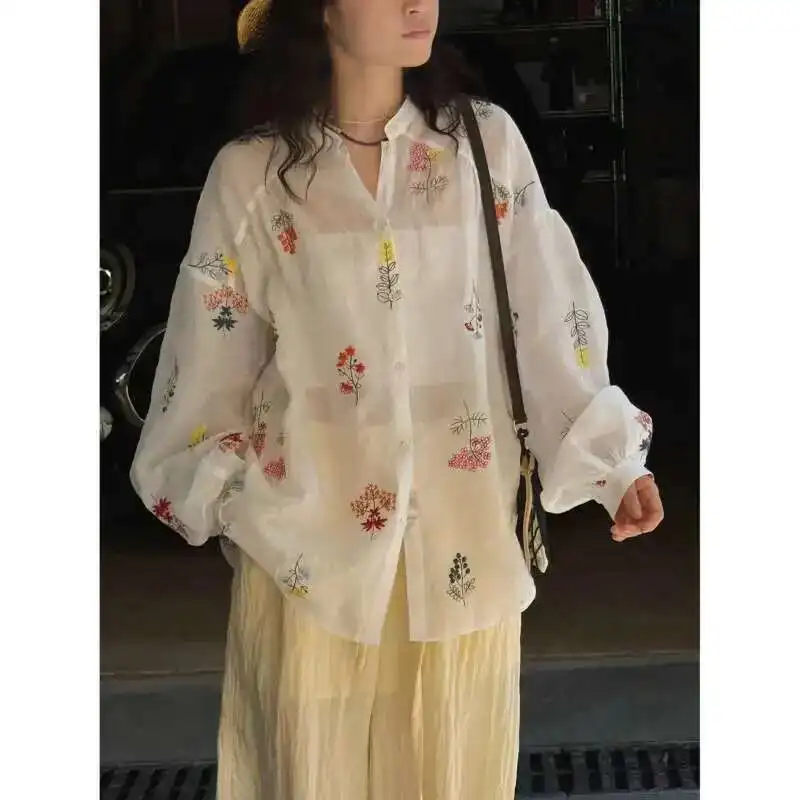 

Summer Embroidered 100% Ramie Blouses Women Lantern Sleeve Loose Single Breasted Breathable Tops