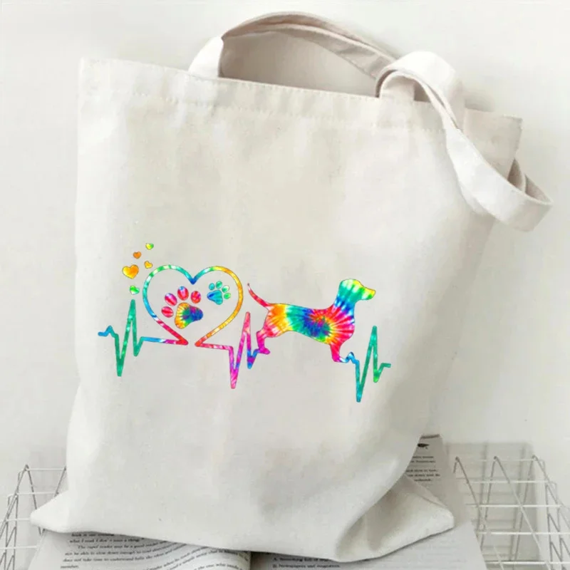 مضحك الكلب ونبضات القلب الجرافيك النساء الرجال حقيبة كتف Harajuku موضة الحيوان عاشق أكياس التسوق طالب حقائب اليد في الهواء الطلق