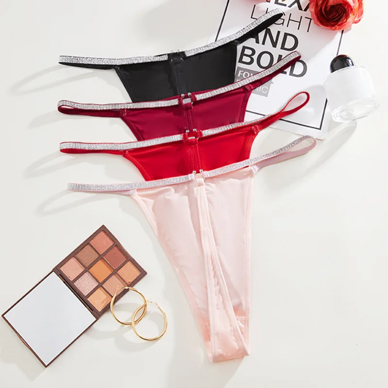 

Black Silver Buckle Women's Underwear, Low Waisted Solid Color Underwear, Women's Hollow Out Underwear, Sexy Underwear