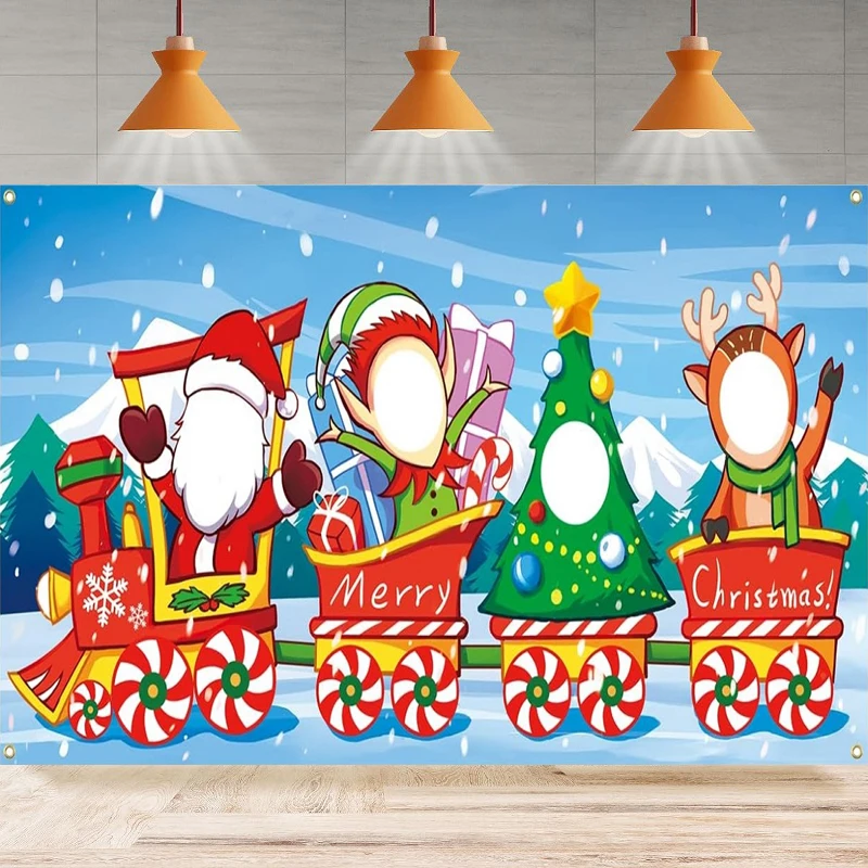 

Christmas Face In Hole Photography Backdrop Party Christmas Train Elves Santa Claus Face Cutout Props Background Wall Banner