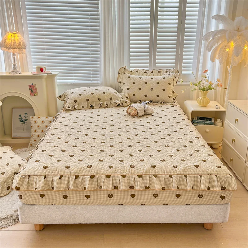 Skin-friendly Bedspread Simple Style Bed Cover Pure Cotton Mattress Protector Elastic Bed Linen cubre colchón (No Pillowcase)