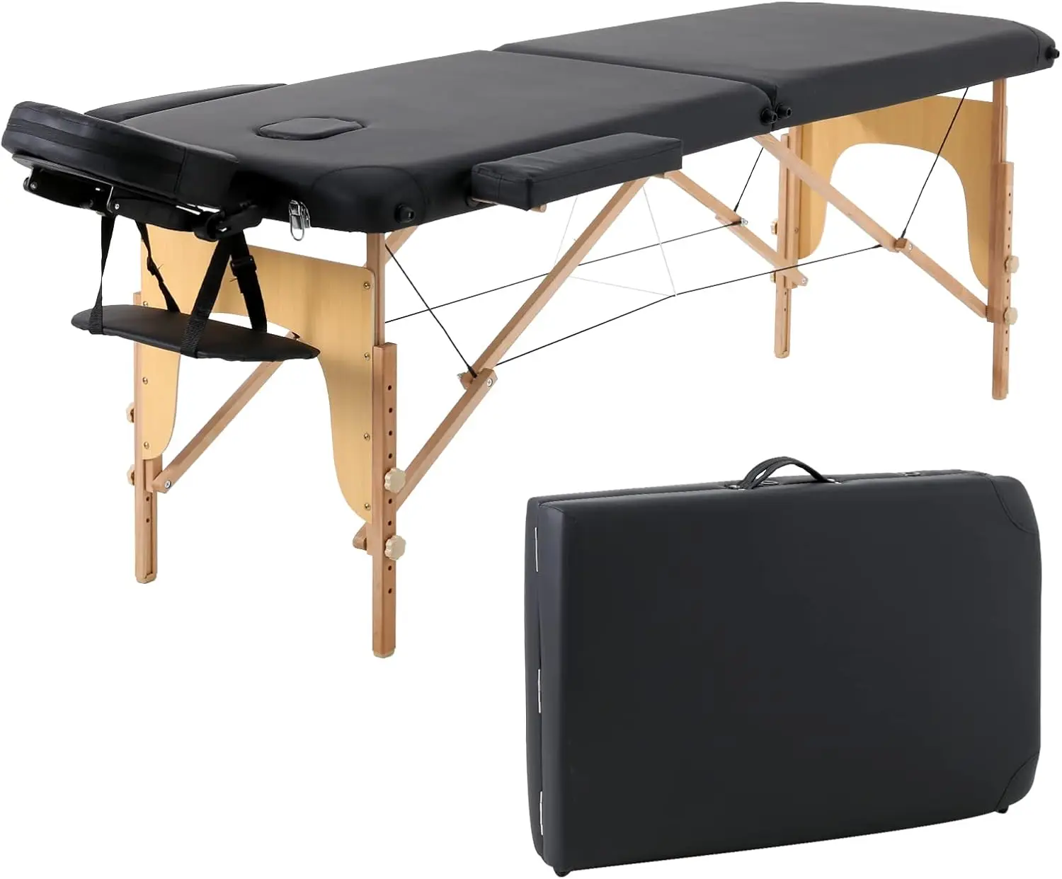 2 Sections Portable Massage Bed Wooden Legs Adjustable Height Folding Tattoo Table (Black)