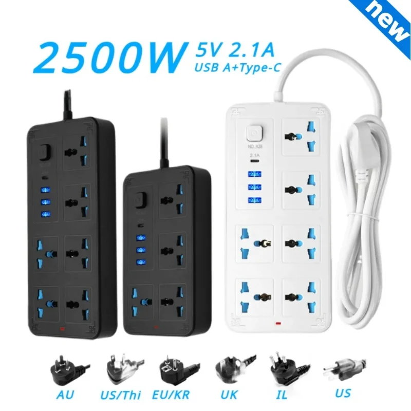 Universal Power Strip Electric Socket 4 6 OUTLETS US EU UK AU KR Plug 2500W with Usb Type-c 5V 2.1A Extension Cable Table Socket