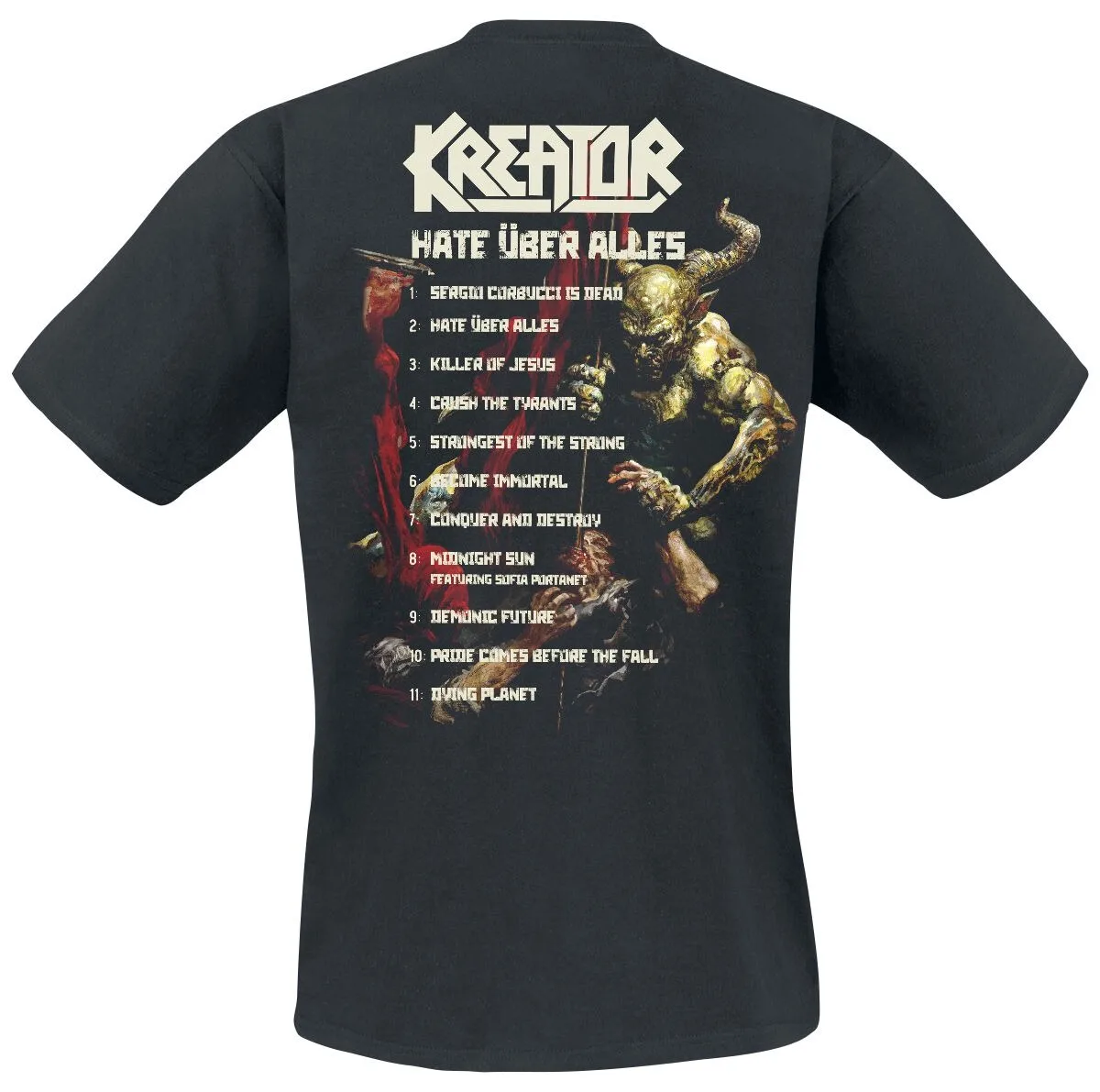 Kreator Band Hate Über Alles Double Sided Demon Print T Shirt, 100% Cotton Casual Neutral Tee, Thrash Metal Streetwear