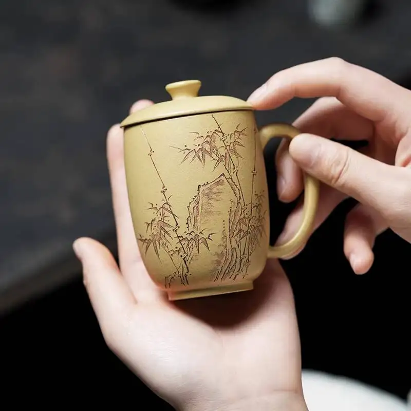 [Biyile Pot]Purple Clay Tea Li Jianjun's Handmade Ben Shan Green Lotus Bamboo Stone Lid Cup, 150Cc