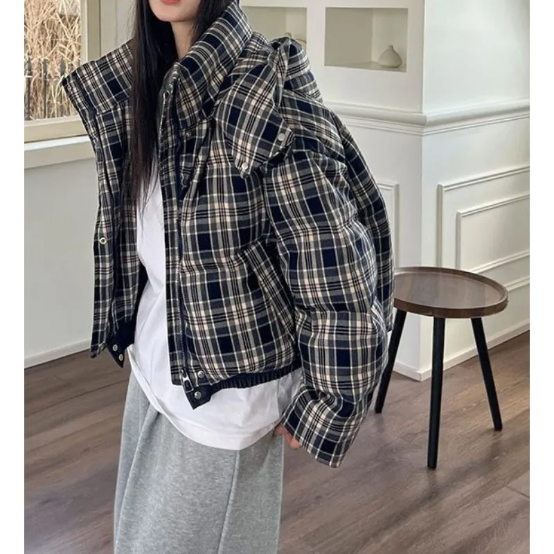 Korean-style Plaid Winter Cotton Coat 2025 Short Winter Petite New Thickened Warm Cotton Coat Outerwear