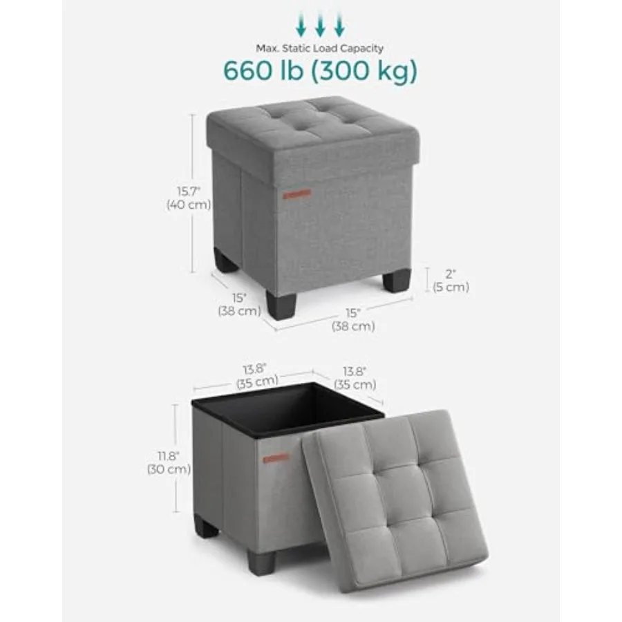 Storage Ottoman, Small Ottoman Feet Rest with Legs, 15 x 15 x 15.7 Inch Feet Stool, Load up to 660 lb, for Living Room, Bedroom