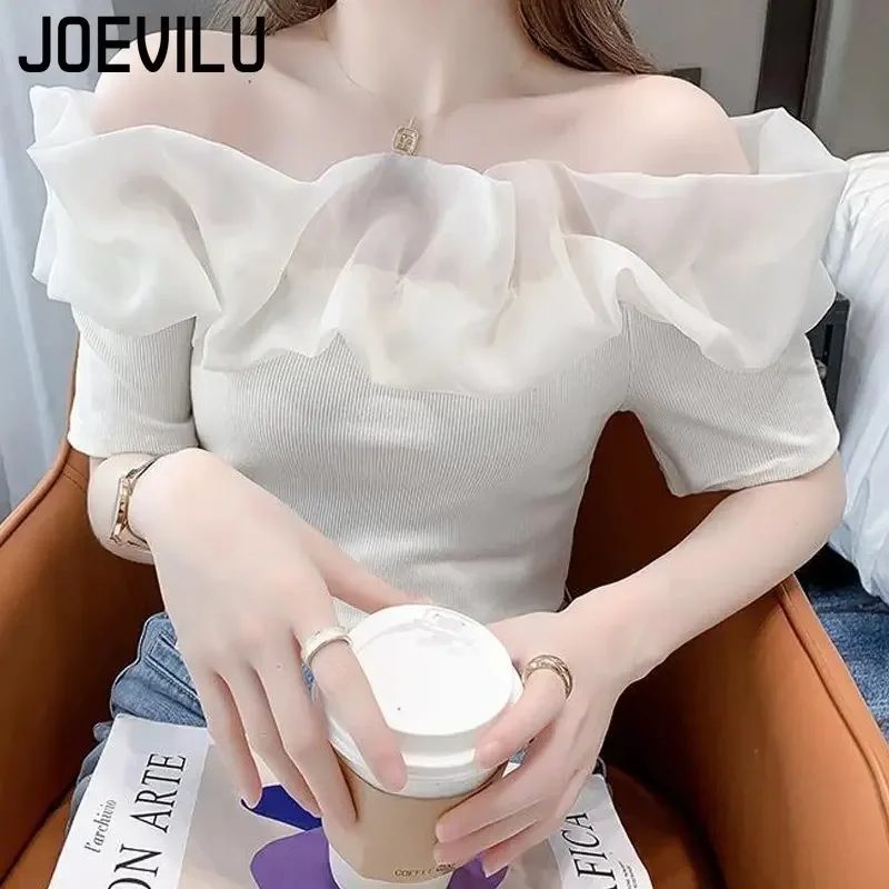 Off Shoulder Top Sexy Exposed Clavicle Ruffled Short Sleeve T-shirt Female Summer Chic Elegant Blouses Niche Fairy Kawaii Tops