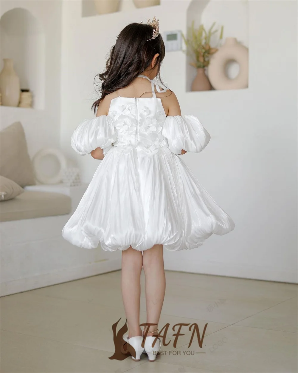 TAFN 3D Appliques Short Flower Girl Dresses Detachable Sleeves Formal Dresses for Kids A-line Short Children Party Gown