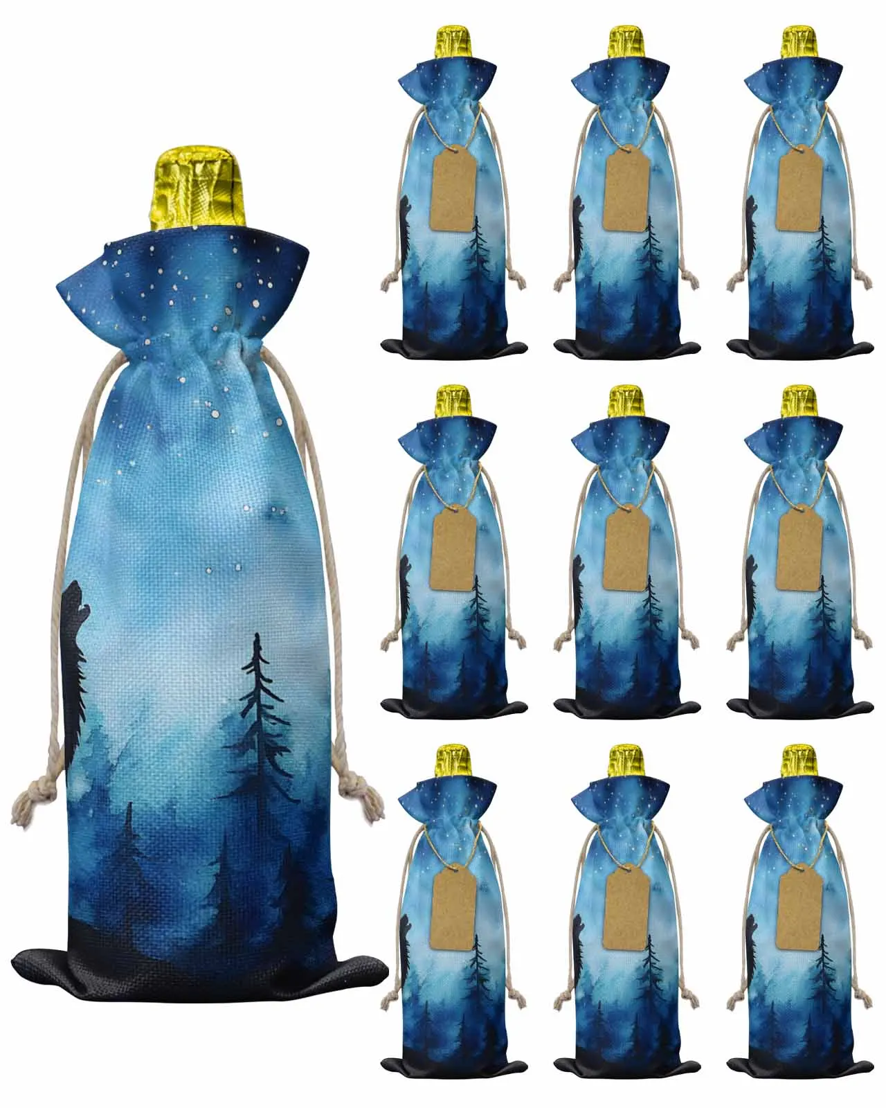 

10pcs Wine Bottle Covers Wolf Forest Silhouette Night Wine Holder Carrier Packaging Bag Wedding Party Decor Gift