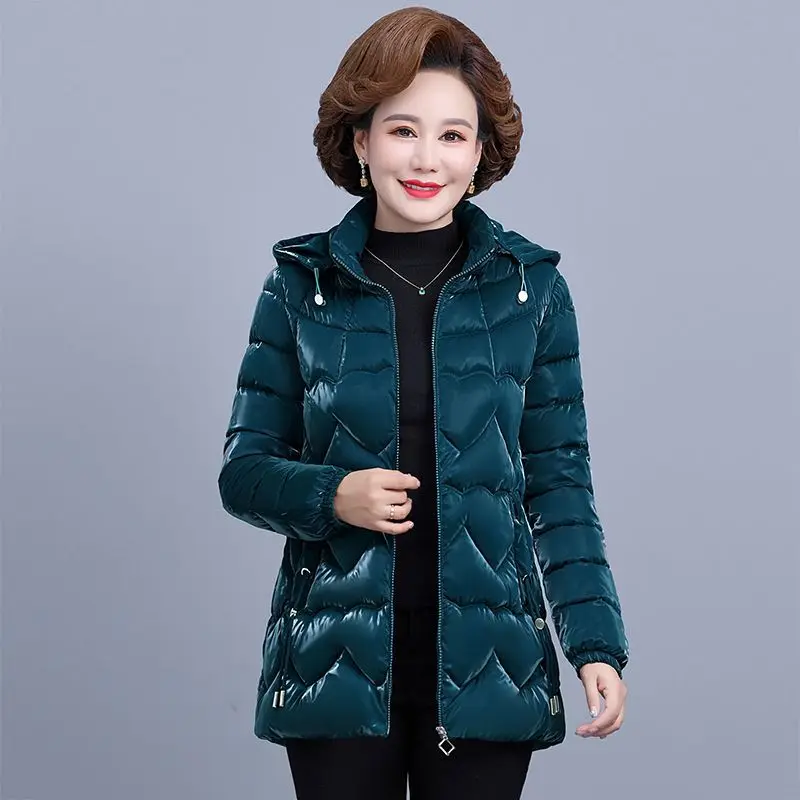 Mittleren Alters Mutter Winter Jacke Parkas Frauen 2025, Neue Glänzende Daunen Baumwolle Jacke Mit Kapuze Parka Warme Casual Outwear Weibliche Tops