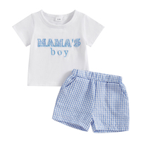 0-3T Toddler Baby Boy Summer Outfits Embroidered Short Sleeve T Shirt Top Plaid Gingham Boxer Shorts Set
