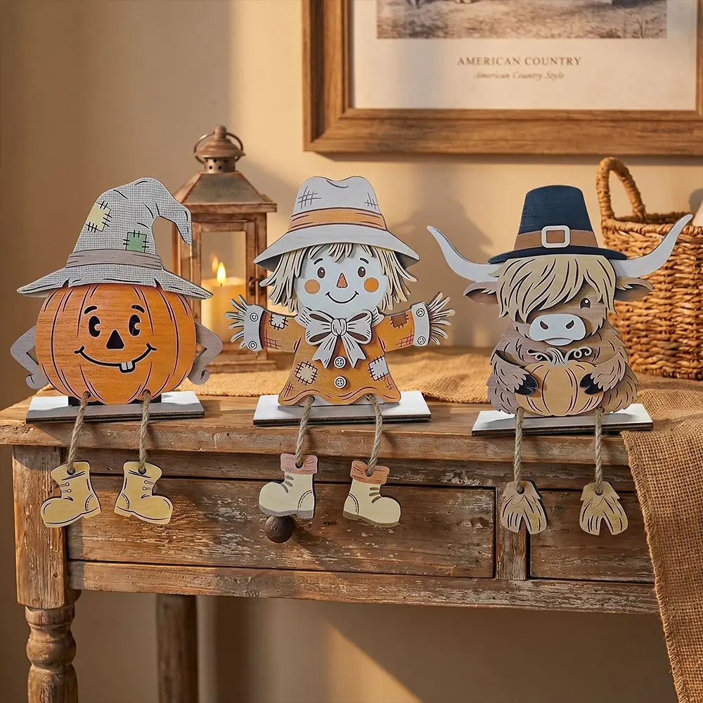 Fall Wooden Shelf Sitters with Dangling Legs, Pumpkin Scarecrow Highland Cow Table Decor for Thanksgiving Halloween Home