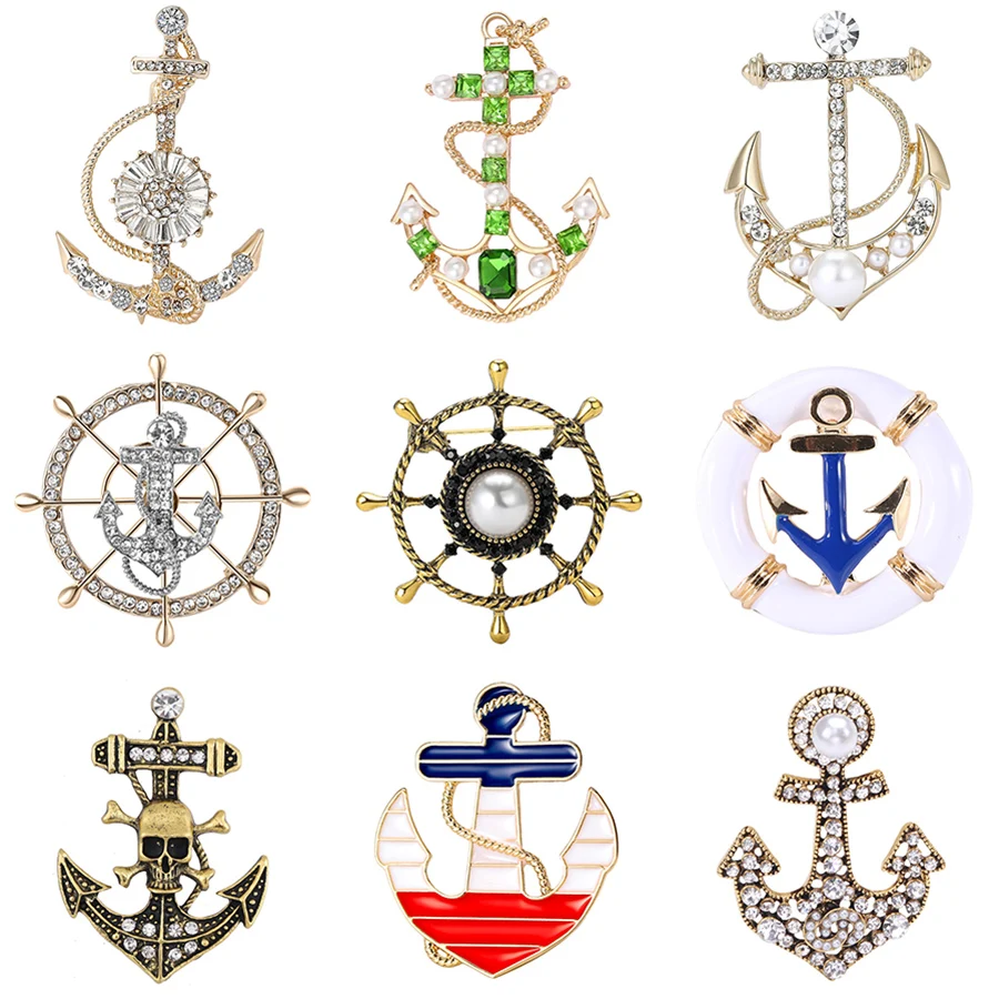Rhinestone Anchor Brooches for Women Unisex Enamel Rudder Pins Office Party Friend Luxury Gifts Jewelry Accessories Decoration