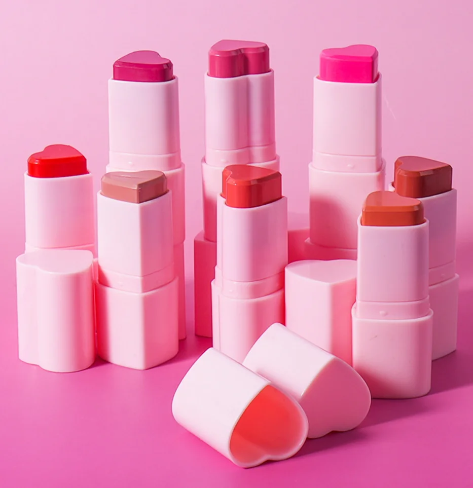 Make-up Blush Stick Private Label Maak je eigen logo Gezichtsmake-up Schattig Hart Bute Roze Blusher Shimmer Stick Crème Blush 5st