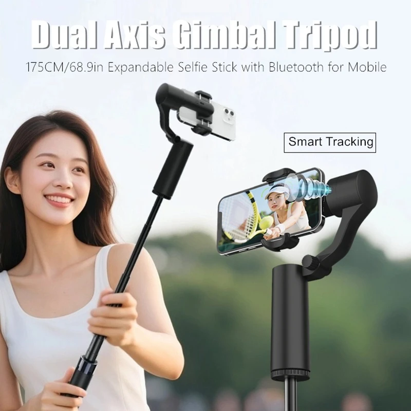 2 Axis Gimbals for Mobile Phone, 360 Auto Tracking Rotation Selfie Stick with 175cm Extendable Rod & Bluetooth Remote Shooting