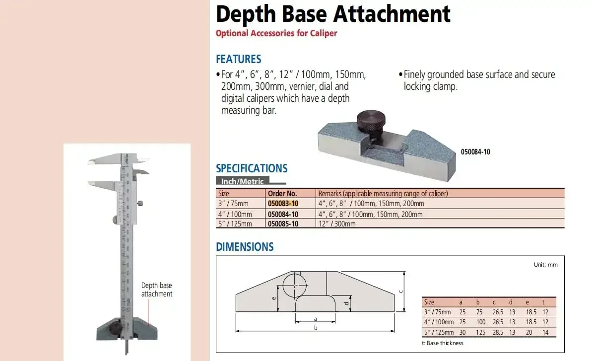 Mitutoyo caliper depth measurement base,050083-10  050084-10,depth base attachment